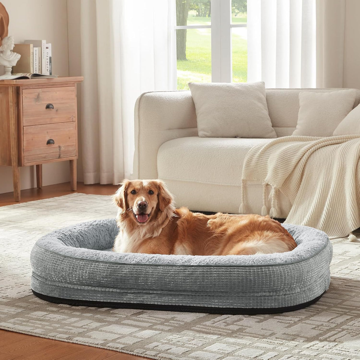 Large gray oval dog bed on a rug in a living room with a golden retriever lying inside the bolster.