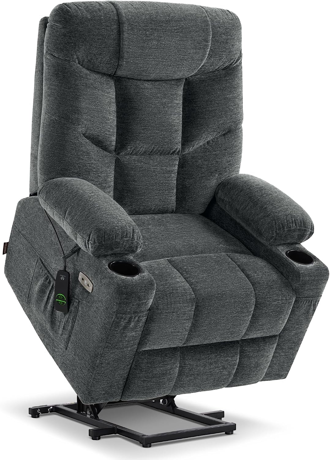 Charcoal fabric lift recliner shown partially raised, highlighting plush stitched cushions and exposed metal lift base.