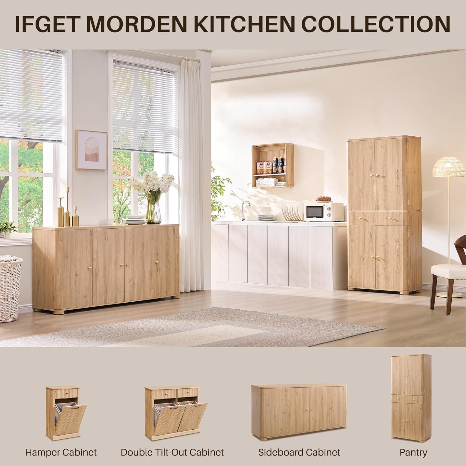 Staged kitchen and dining area with a long natural wood sideboard and a tall matching pantry against the wall.