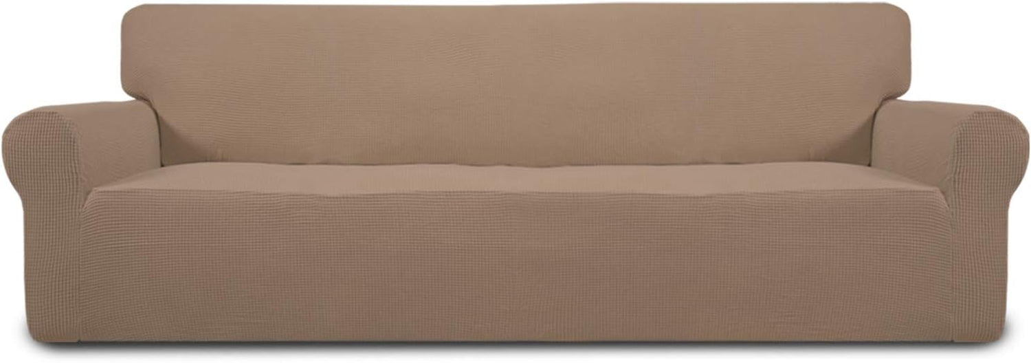 Front view of a two-cushion loveseat fully covered in a textured brown stretch slipcover.