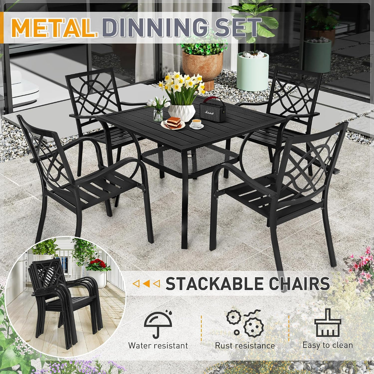Outdoor styled scene of the black metal dining set with inset showing stackable chairs and water and rust resistance icons.