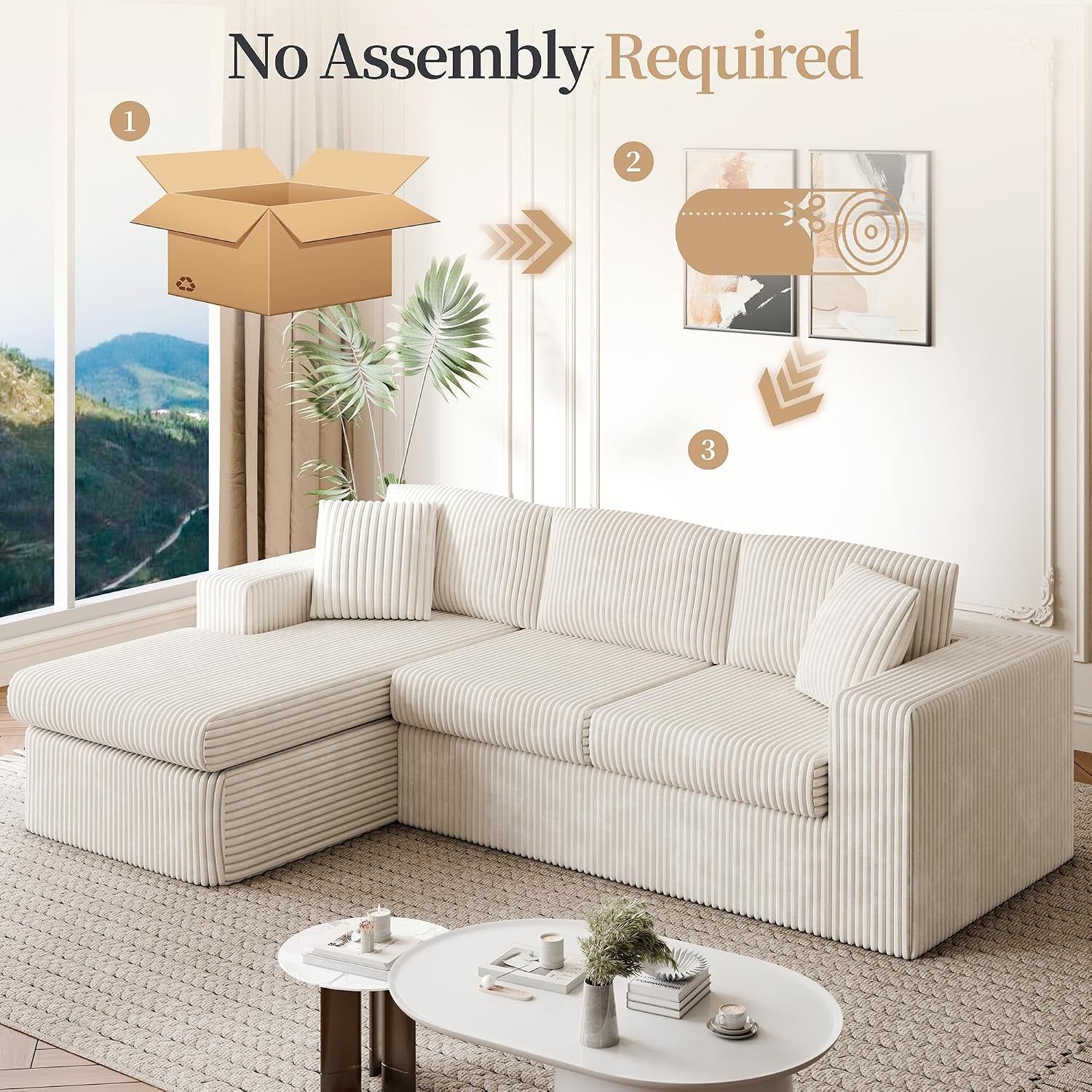 105" Boneless Couches for Living Room, Sectional Couches Modular Sofa with L-Shaped Chaise, Memory Foam Comfy Cloud Couch with Plush Corduroy Fabric, No Assembly Required, (Beige)