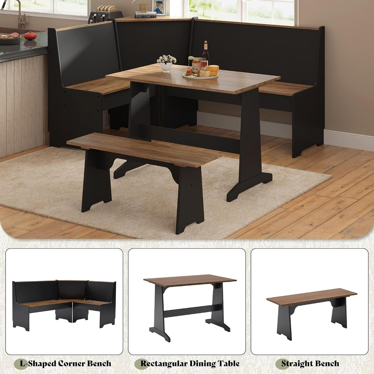 Black oak L-shaped corner dining set staged in a bright kitchen, angled side view