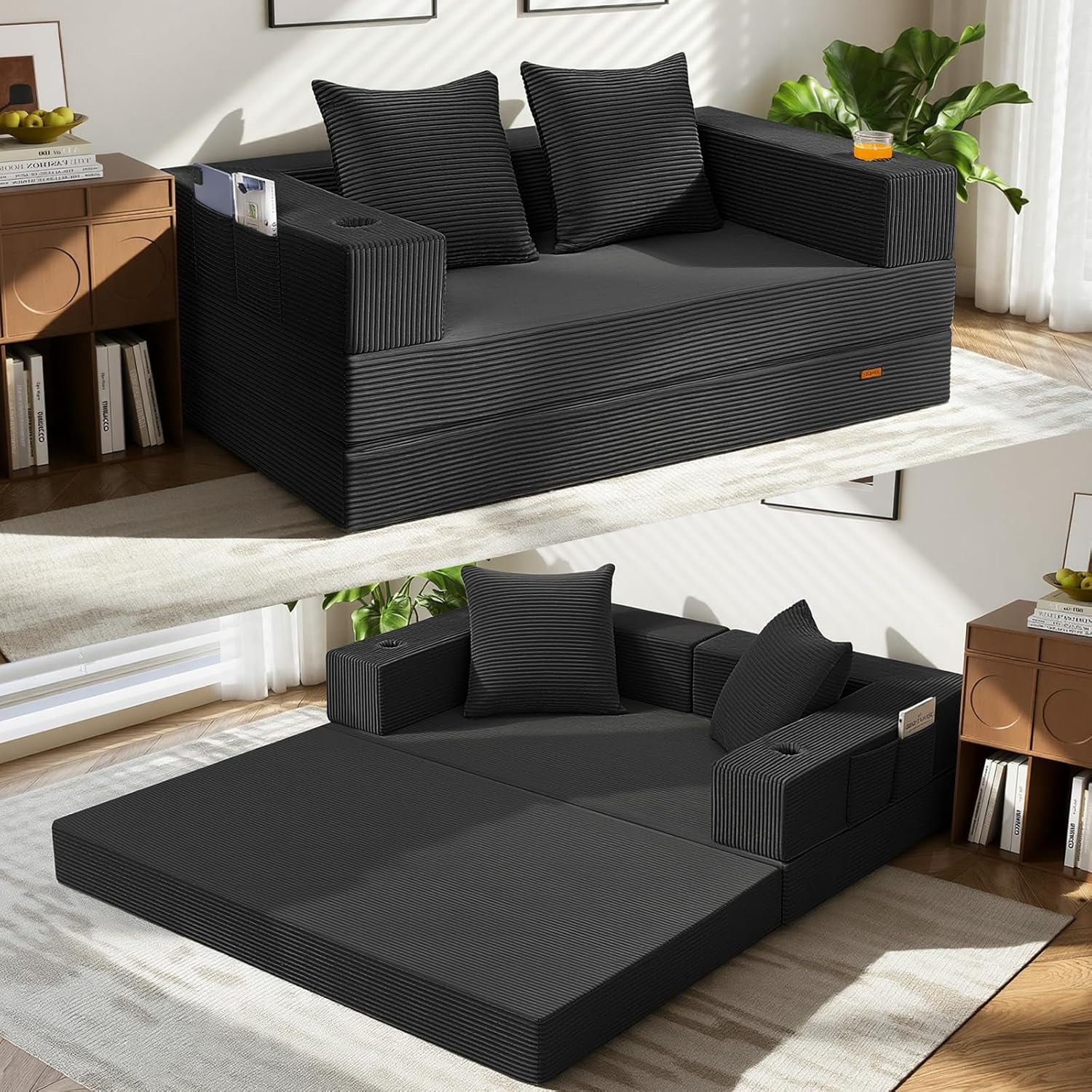 Futon Sofa Bed, Convertible Sofa Bed, Folding Boneless Couches | Low-Profile Boneless Couch for Living Room, 11.8" H Low Seat Small 59" Foldable Floor Sleeper Mattress Lounge Space‑Saving