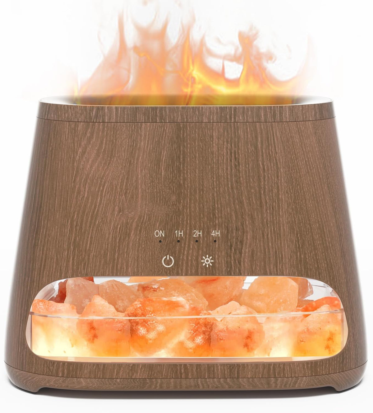 Front close-up of brown wood-finish diffuser showing salt crystals glowing through window and mist above