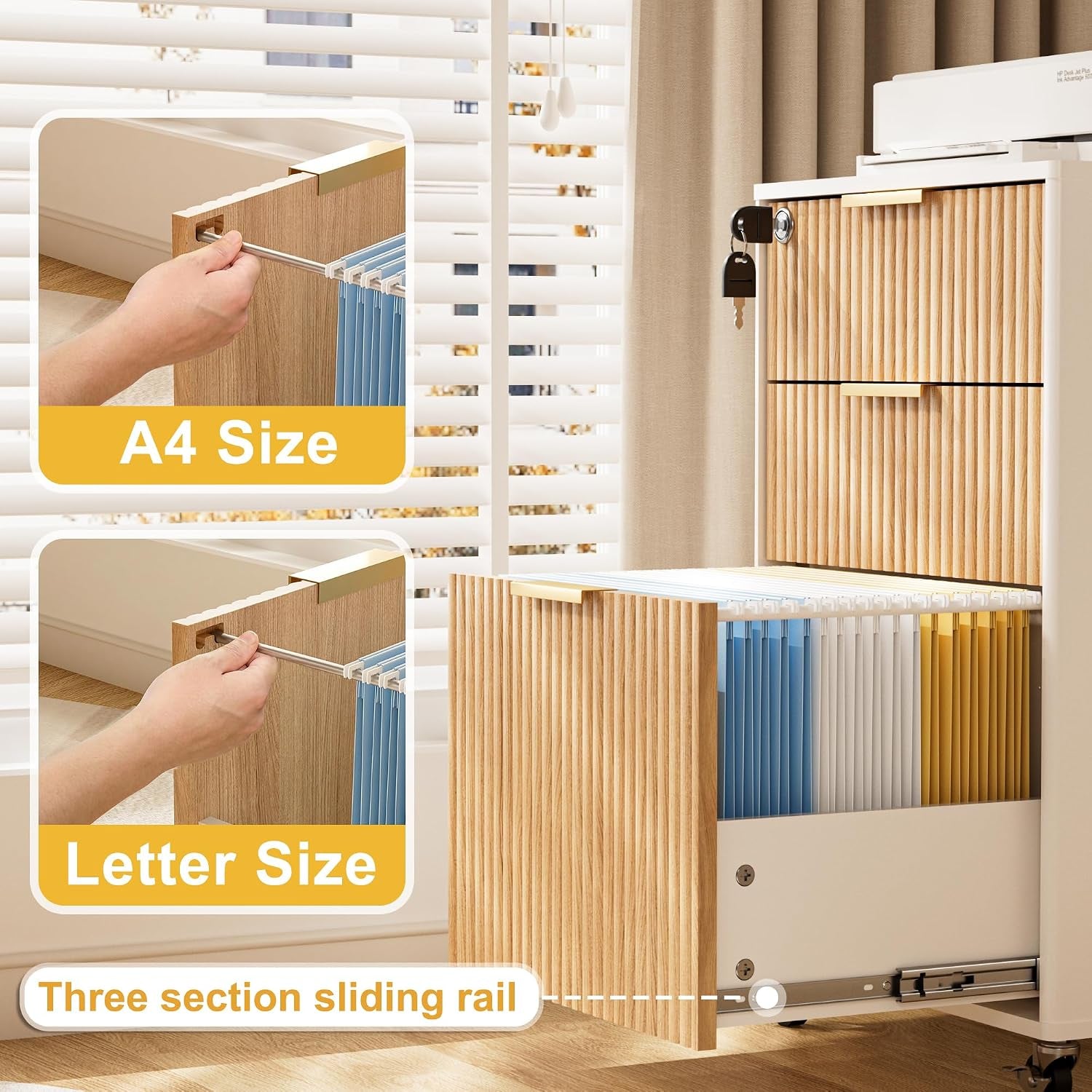 Drawer pulled out to show interior with hanging file folders and inset panels indicating letter and A4 folder use