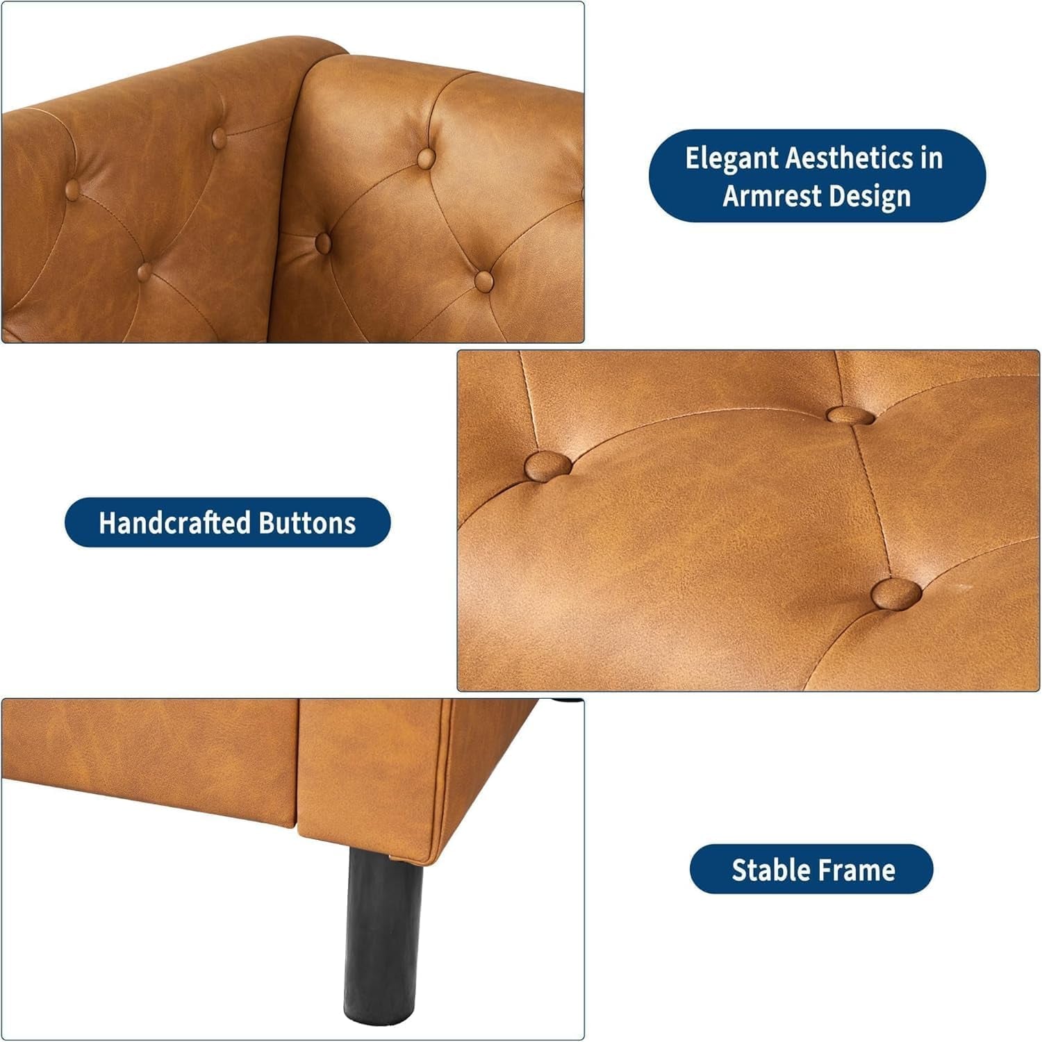 close-up details of tufted buttons, stitched armrest, and black cylindrical sofa leg on PU leather