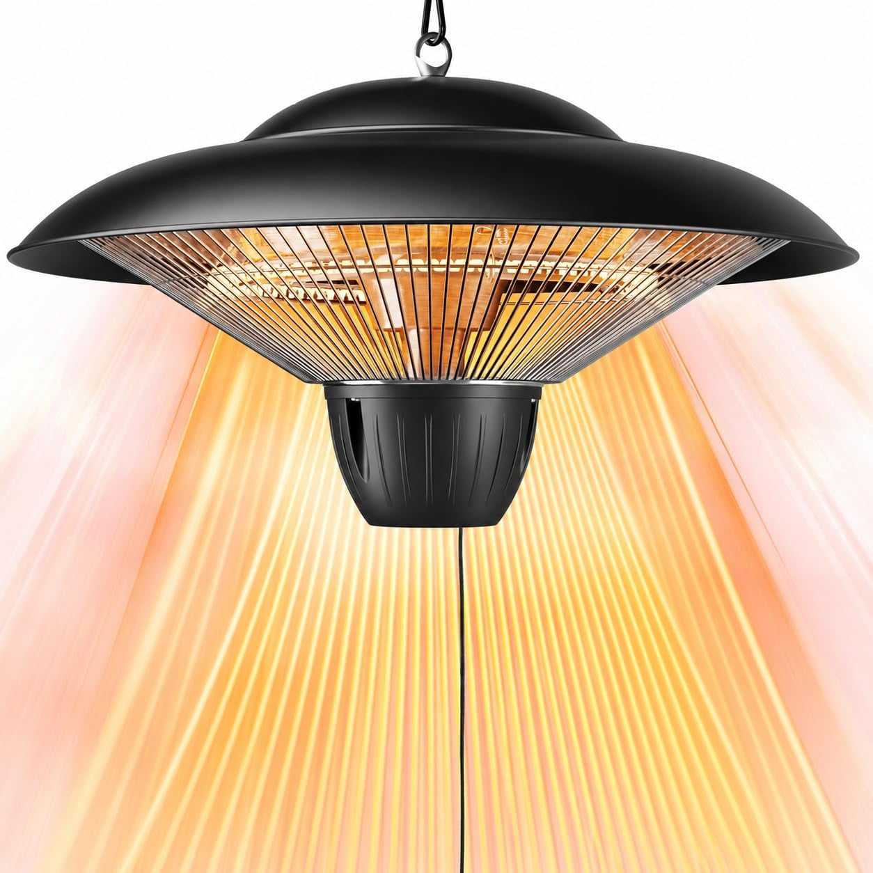 Ceiling-hung round infrared patio heater with black dome, protective grill, and glowing orange heat rays.