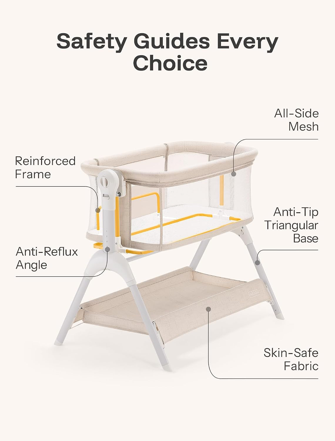 Angled view of the bassinet highlighting mesh sides, reinforced frame, triangular base and under-shelf storage.
