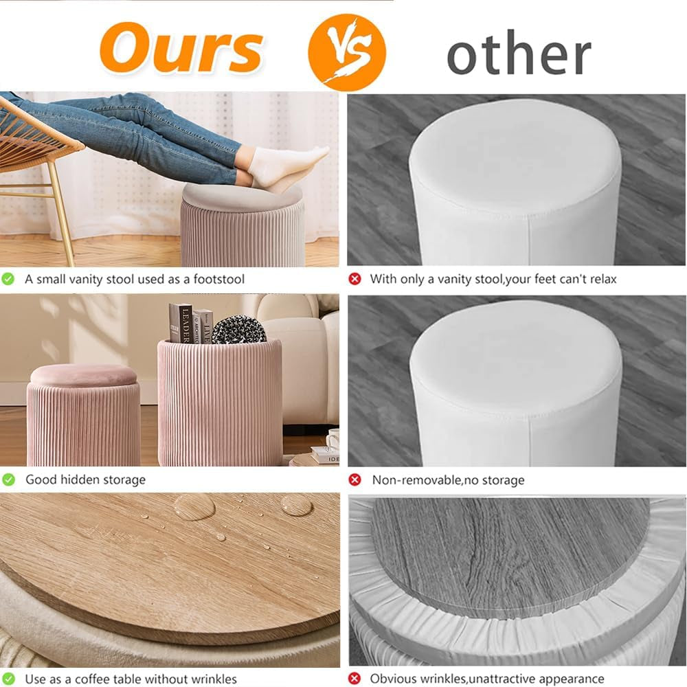 Comparison graphic highlighting reversible waterproof tabletop, hidden storage, and wrinkle-free upholstered finish.