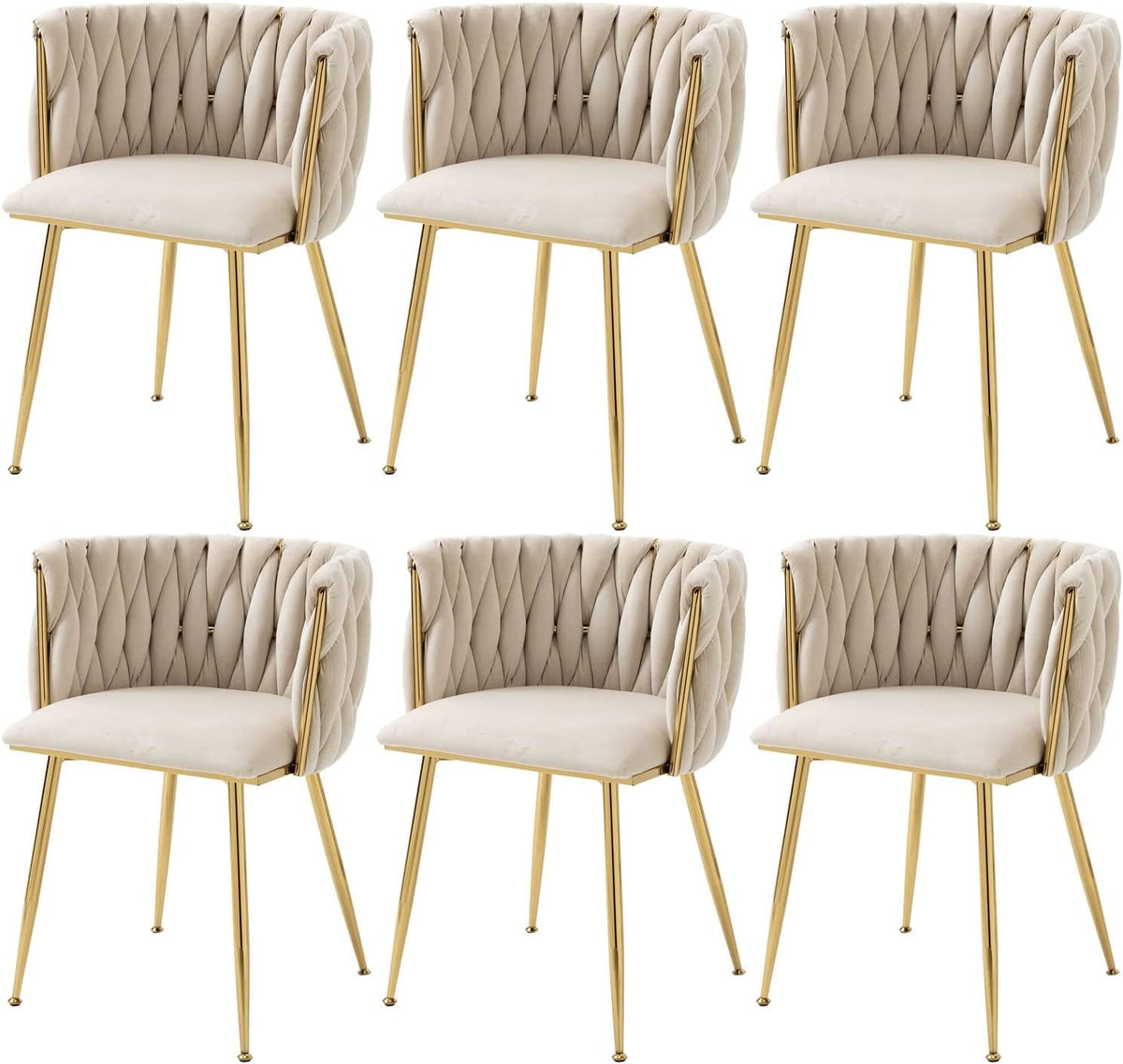 Six cream velvet dining chairs with braided backs and gold metal legs arranged in two rows on a white background.