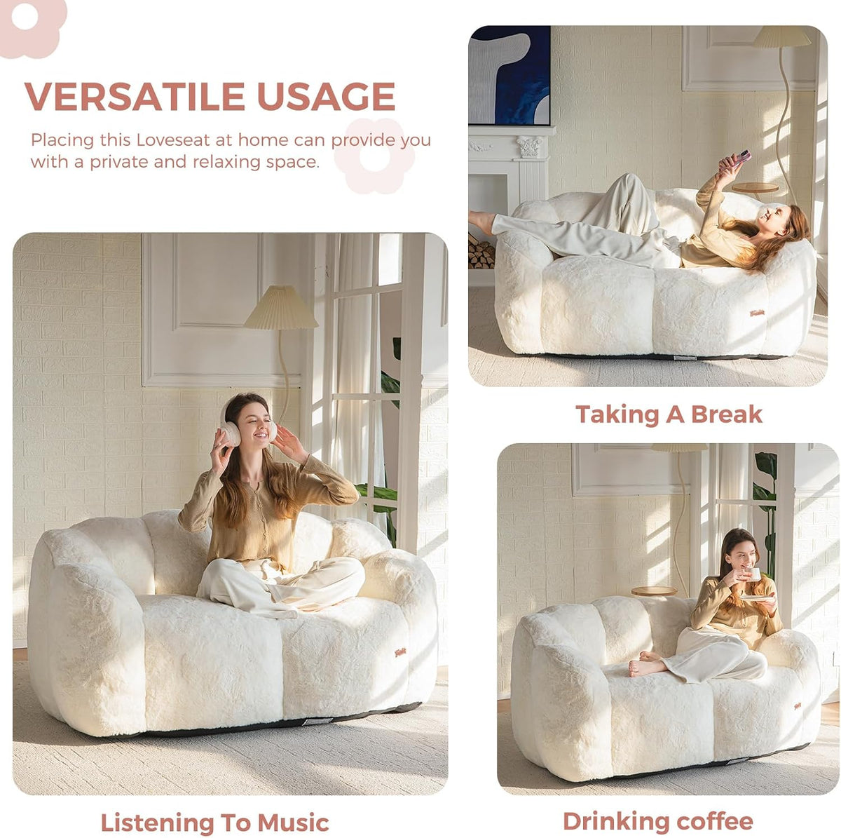 Beige floral-shaped faux fur chair shown in three lifestyle scenes for listening, relaxing, and drinking coffee