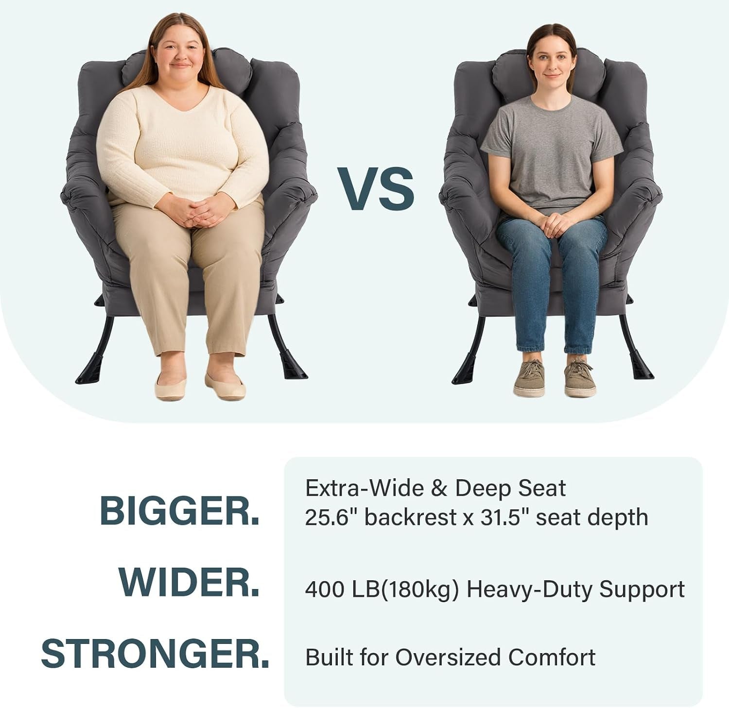 Two front-facing models sitting separately in the same gray lounge chair to show seat width and fit.