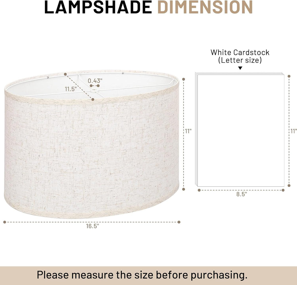Oval lampshade dimension diagram showing 16.5 x 11.5 x 11 in proportions and 0.43 in screw thread