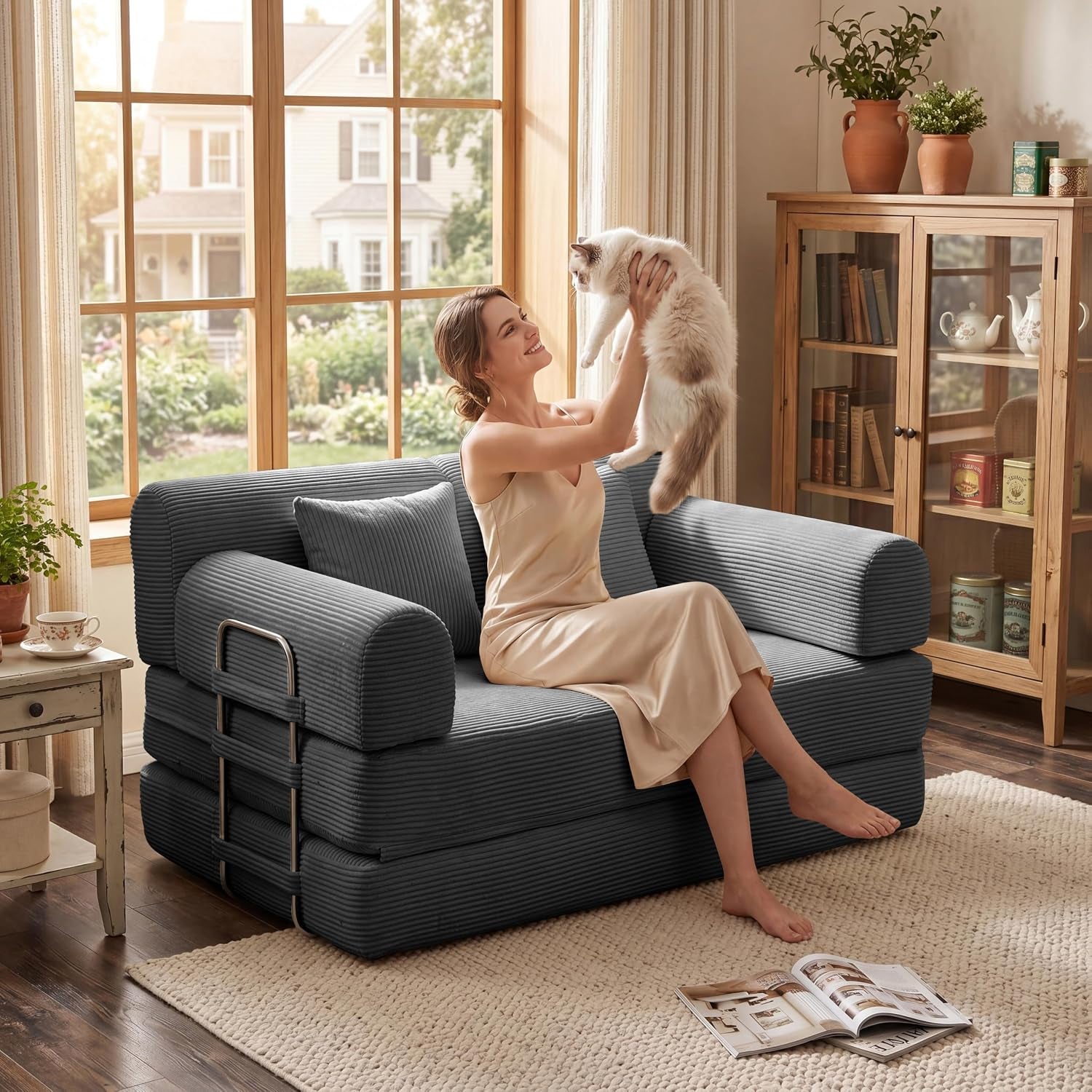 Woman sitting on a dark gray loveseat lifting a cat, metal side rails visible on the arm.