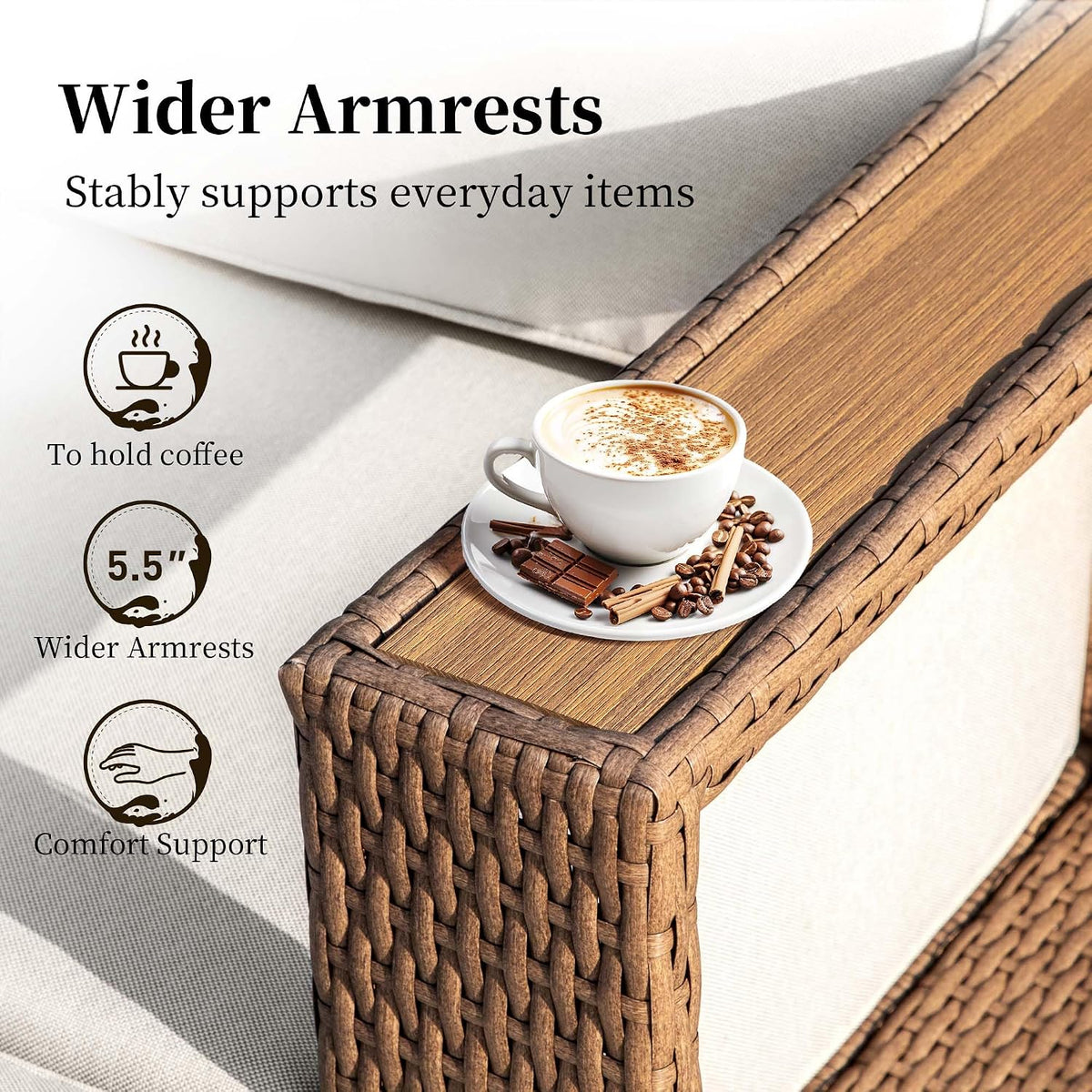 Close-up of wide woven rattan armrest with wood-look top holding a coffee cup
