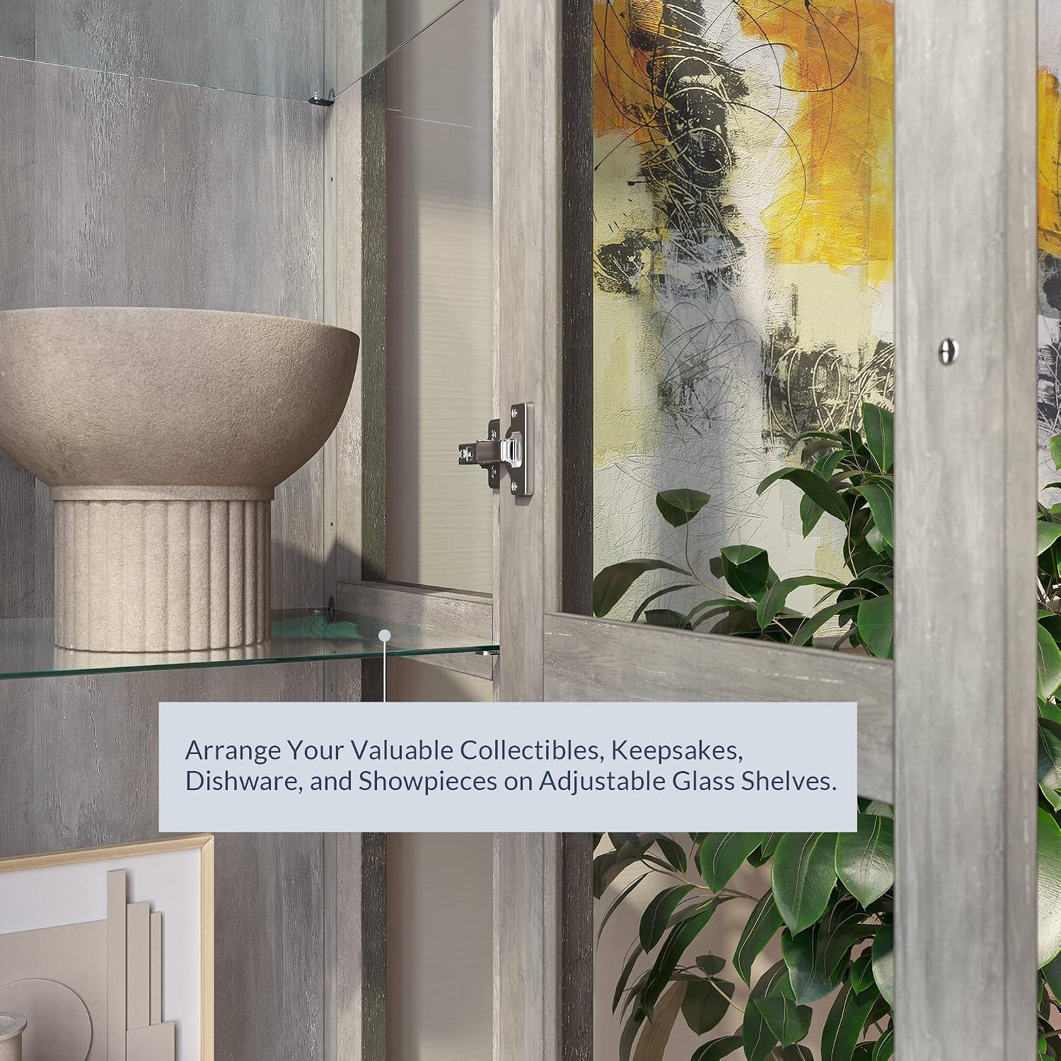 Interior close-up showing tempered glass shelf, hinge hardware, and textured gray wash finish with callout text