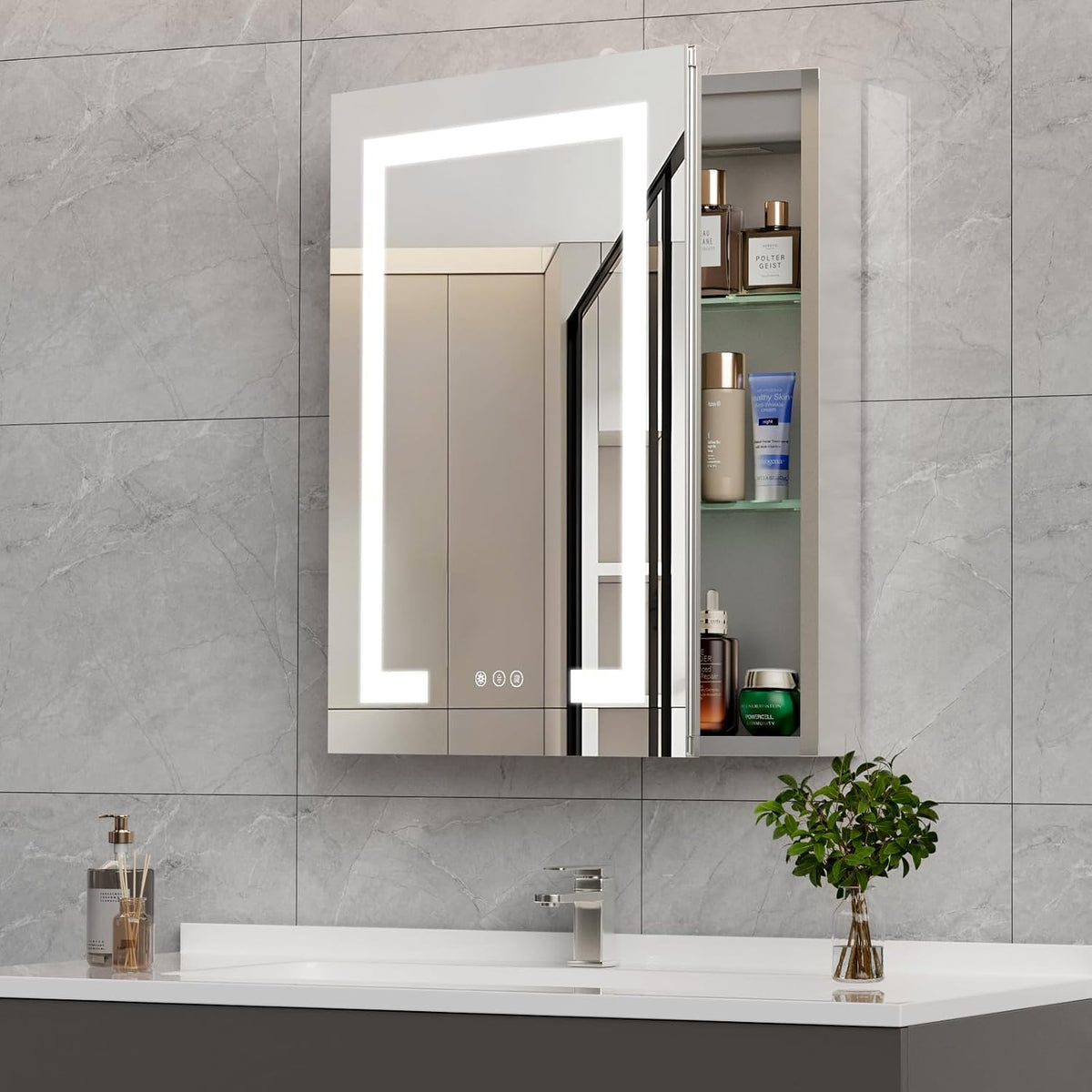 Mirrored cabinet door open to reveal interior shelves and illuminated LED mirror frame with touch icons