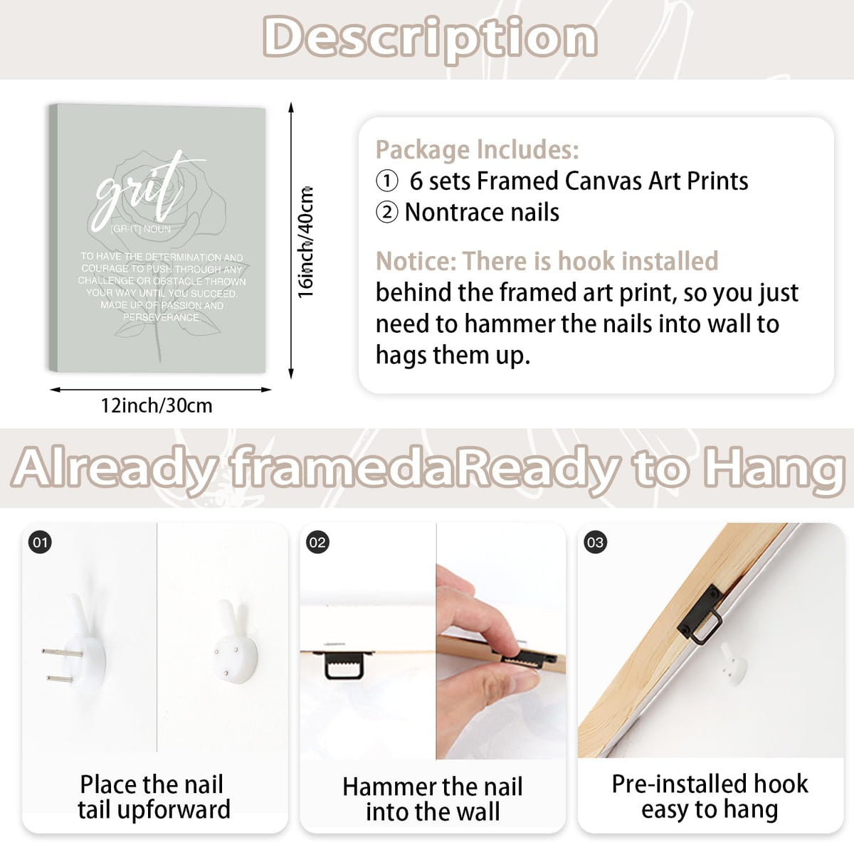 Step-by-step hanging instructions with photos of a nail, hook on frame and nailing action.