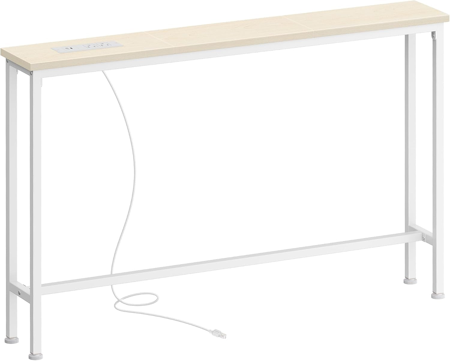 Slim console table with light wood top and white metal frame, power cord hanging down.