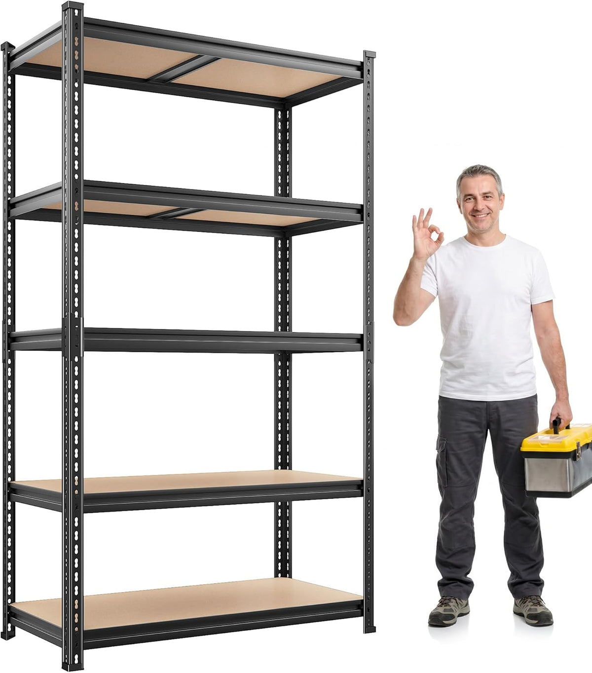 Close-up of a black shelving unit beside a standing man holding a toolbox for scale.
