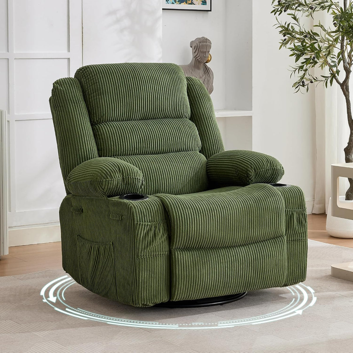 Green corduroy swivel recliner in a bright room beside a potted plant and decorative sculpture.