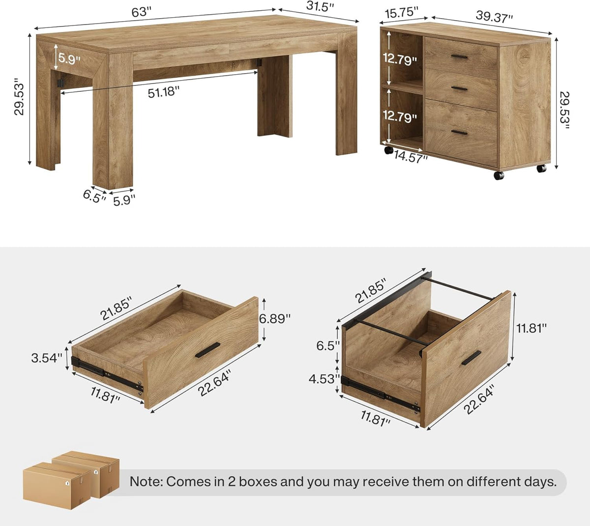Dimension diagram showing measurements for the 63-inch L-shaped desk and the mobile file cabinet with drawer details