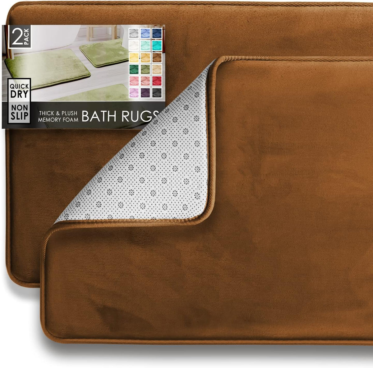 Two stacked caramel-brown rectangular bath mats with a top corner folded to show patterned non-slip backing
