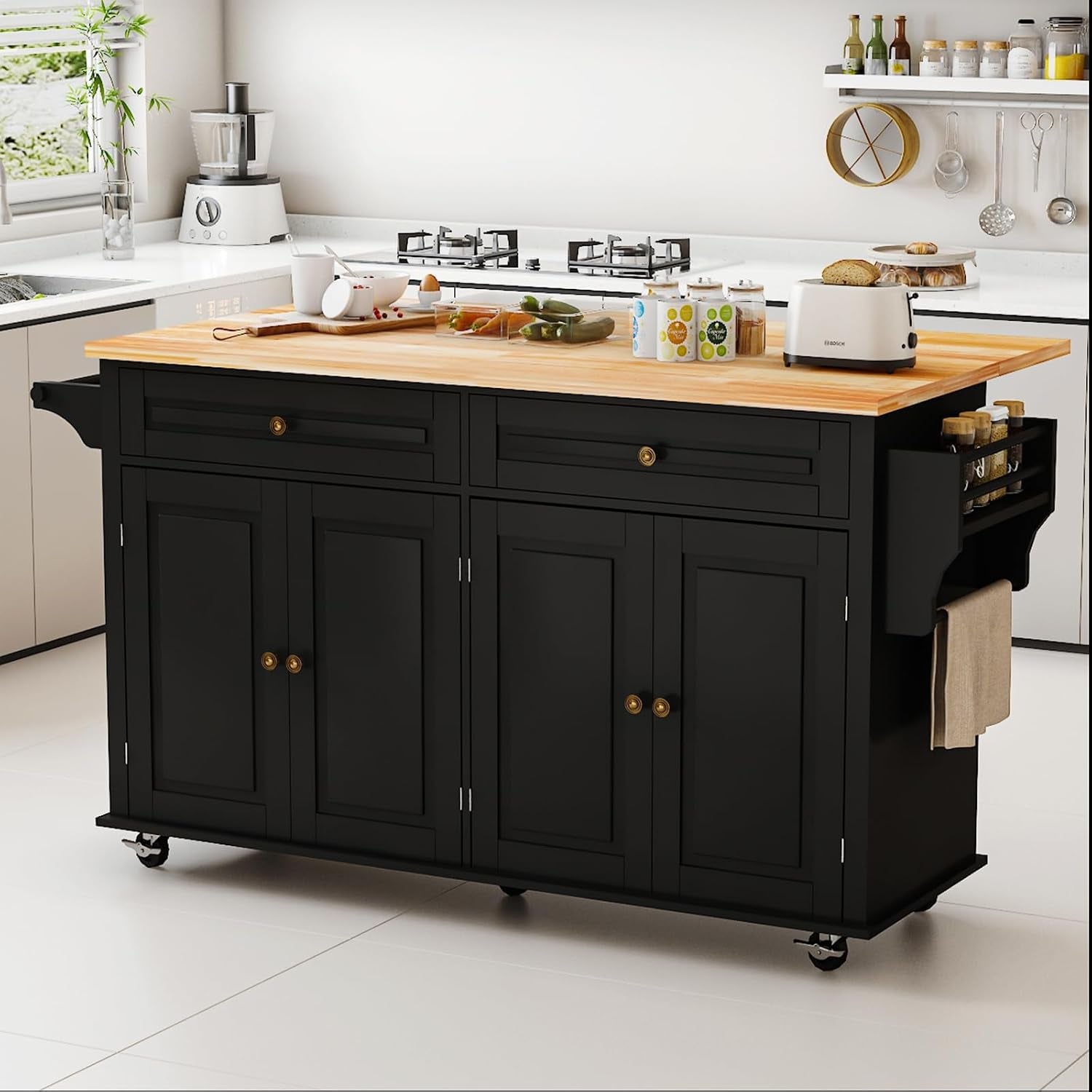 Three-quarter front view of the black island with wood countertop, towel rack and caster wheels visible