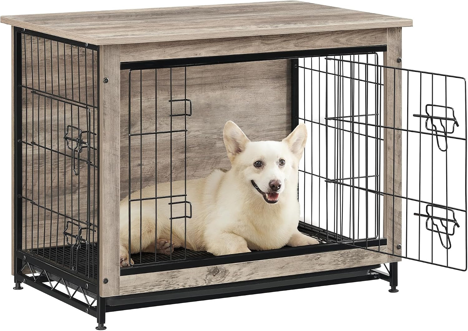 Greige wood dog crate with open double-wire door and a white dog lying inside.