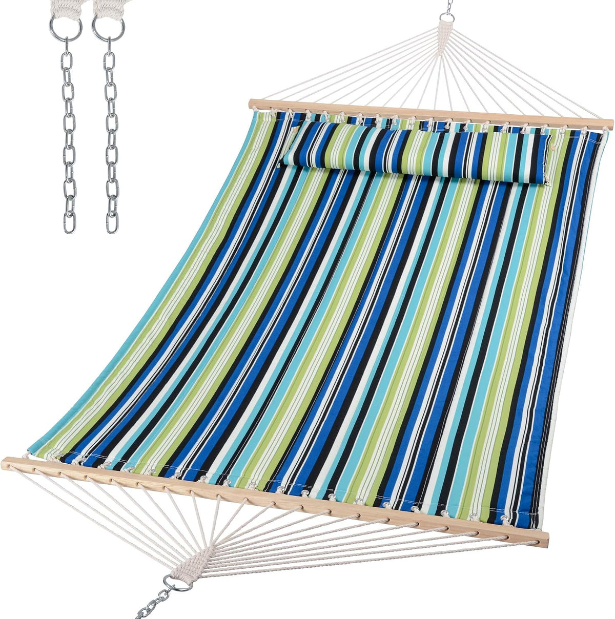 Green and blue striped hammock displayed flat with attached pillow and hanging chains