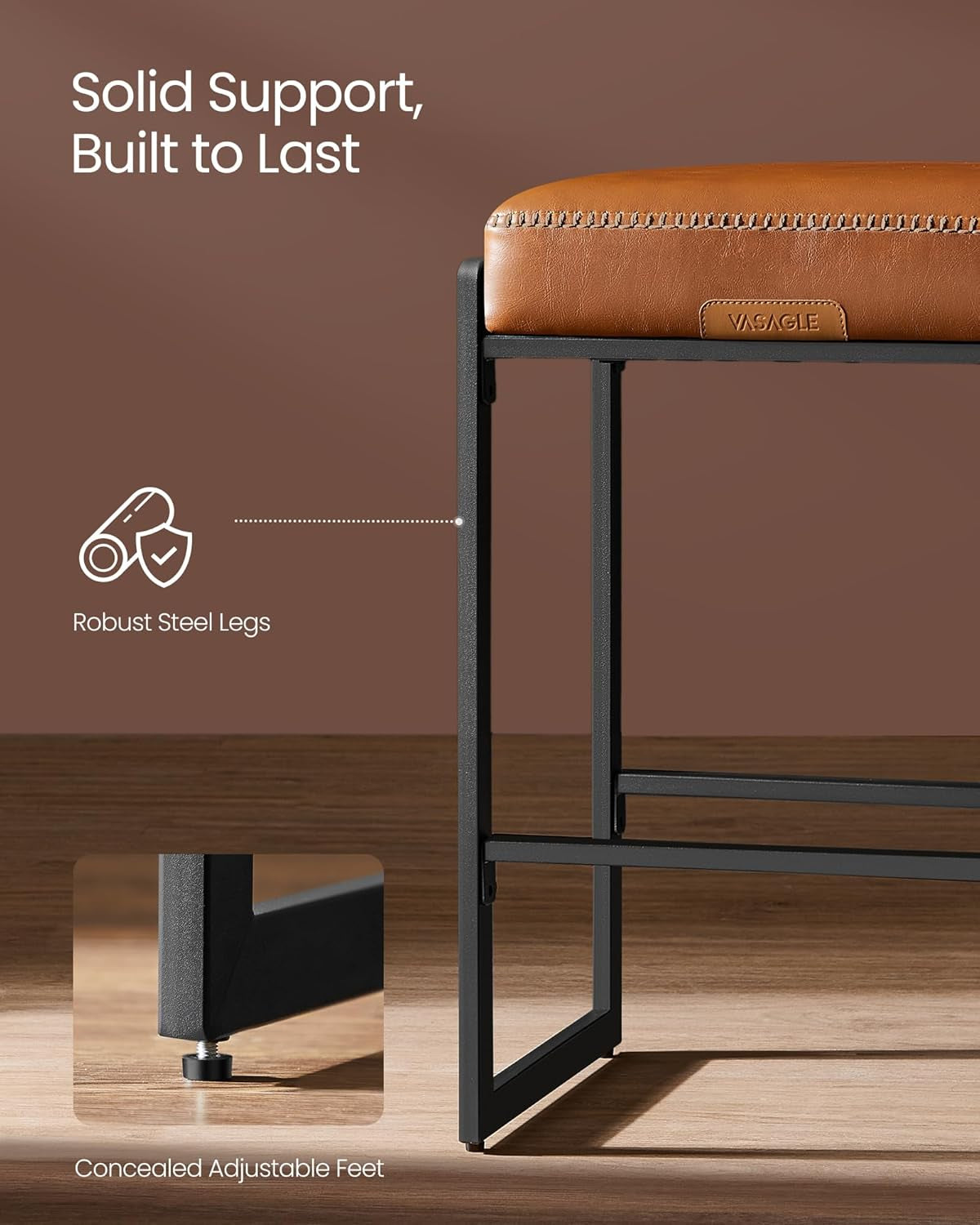 Close-up of the black metal leg and crossbars with an inset showing the small concealed adjustable floor foot.