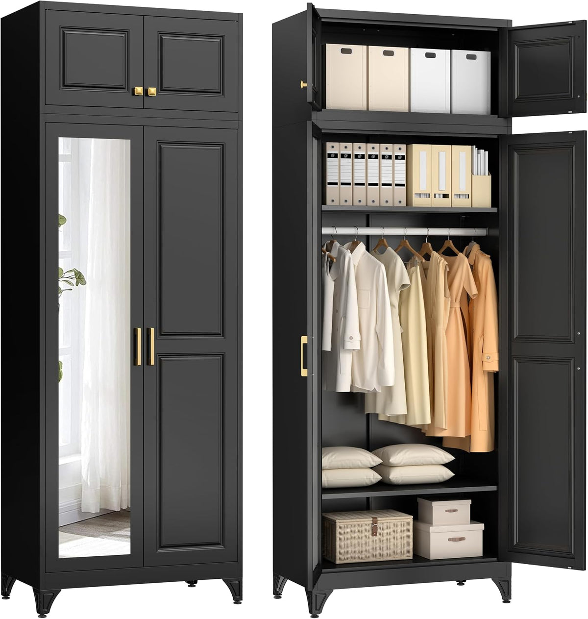 Black tall wardrobe with upper cabinet, mirrored lower door left and open right side showing clothes and storage boxes
