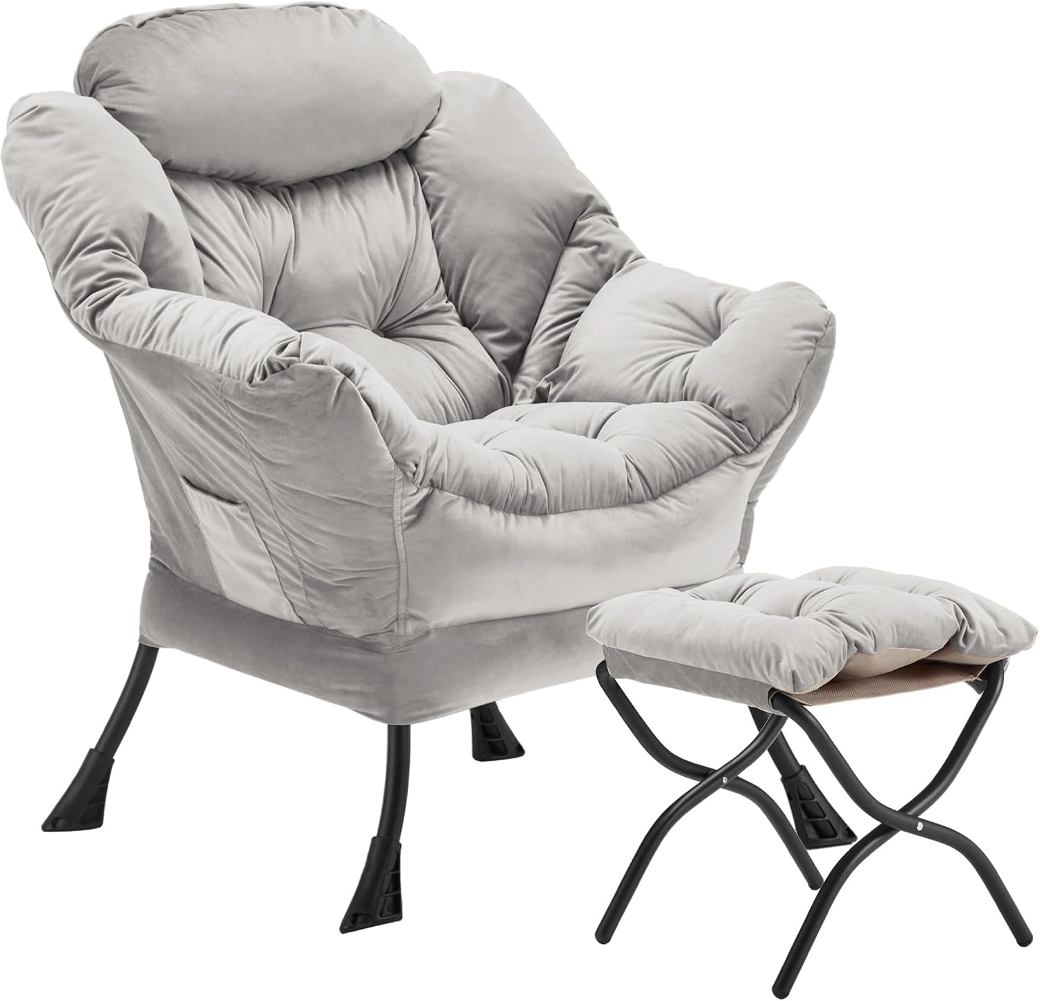 Light gray padded lounge chair with matching folding ottoman on a white background, side view.