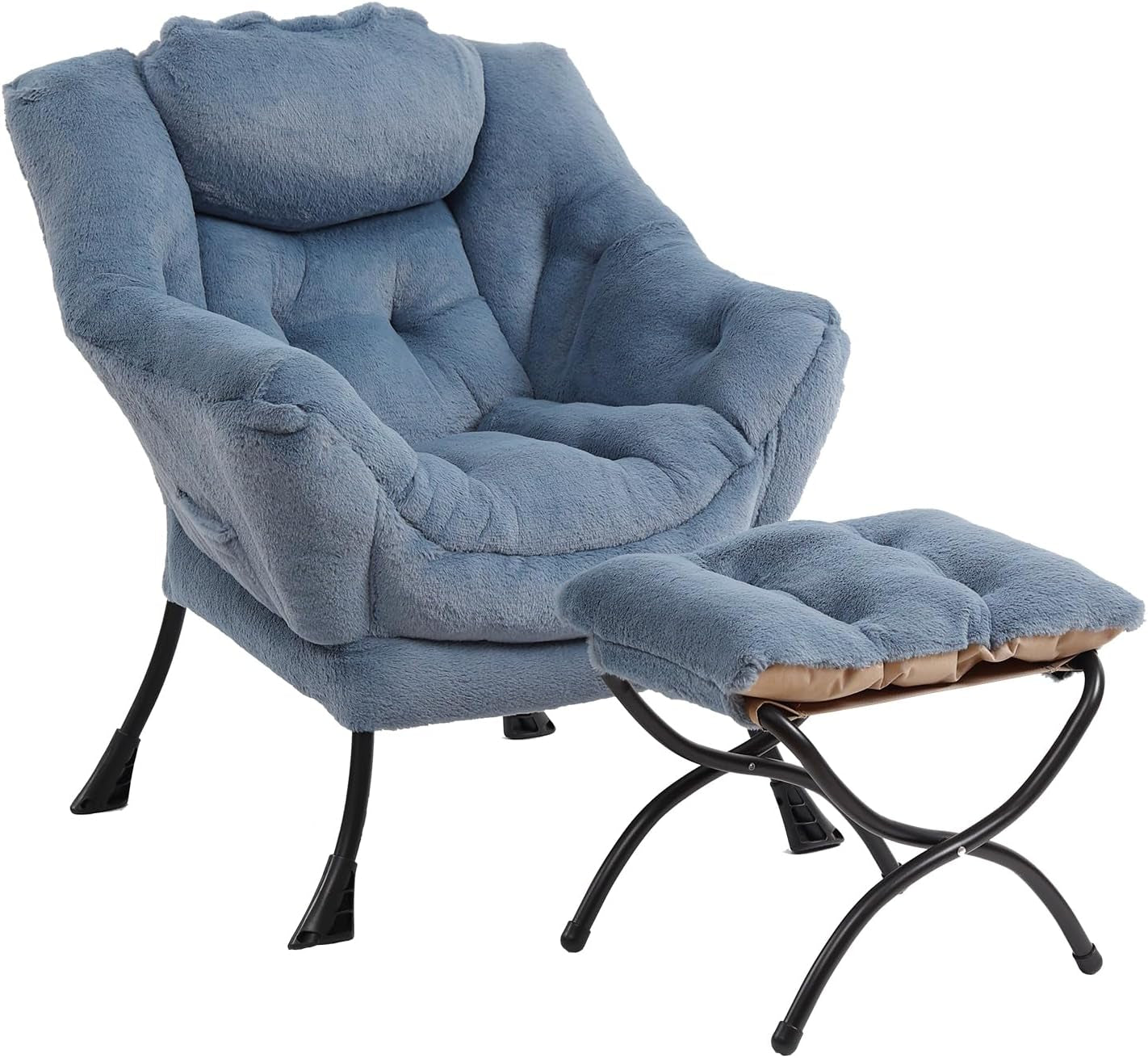 Soft blue cushioned lounge chair paired with a padded ottoman, shown isolated on white.