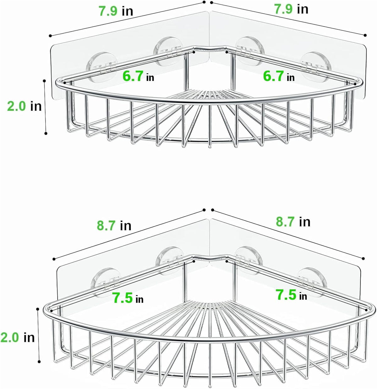 Diagram showing two corner shelf sizes with wire-grid base and marked dimensions including 2.0 inch side height
