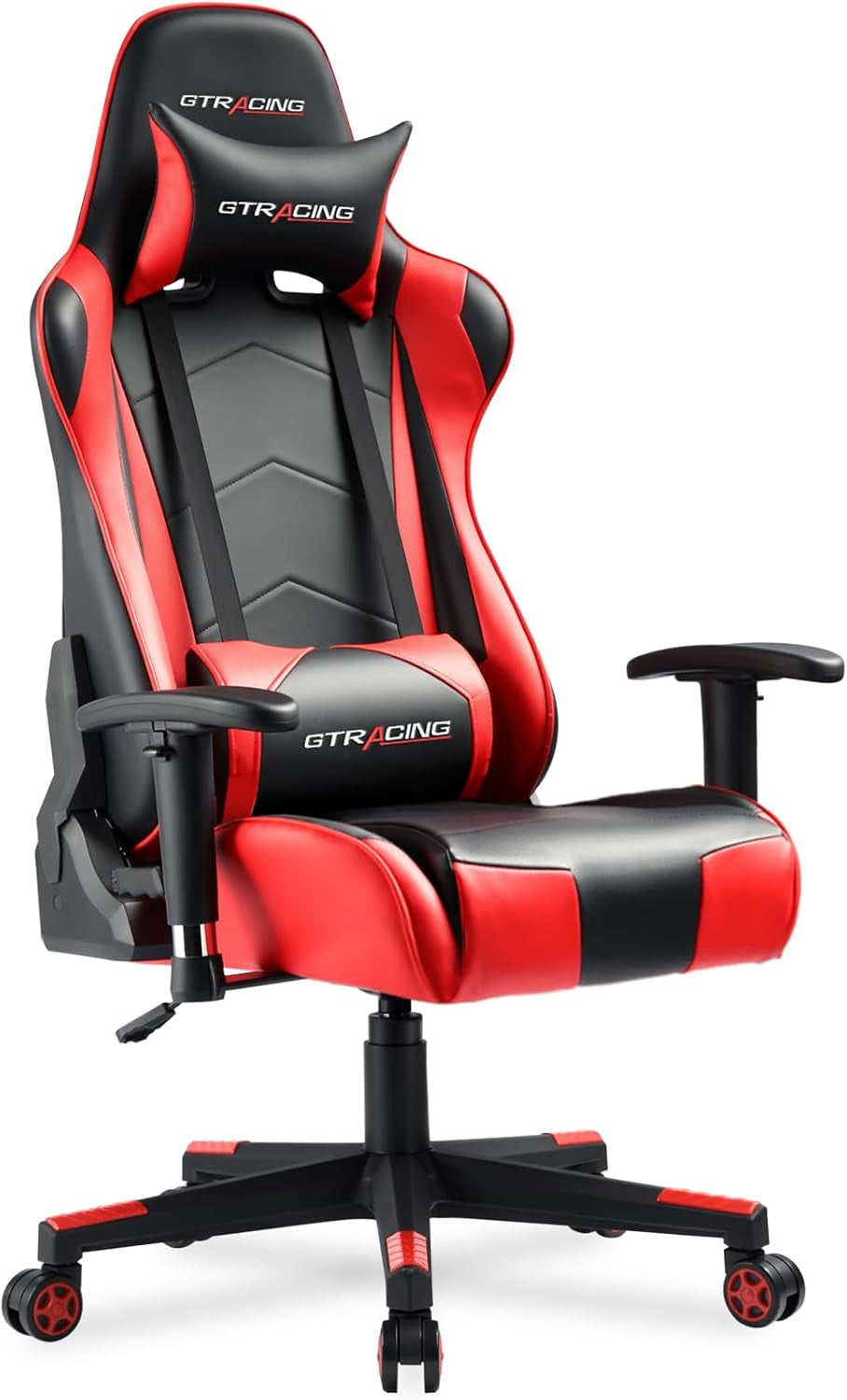 Red and black racing-style gaming chair angled front view with headrest and lumbar cushion