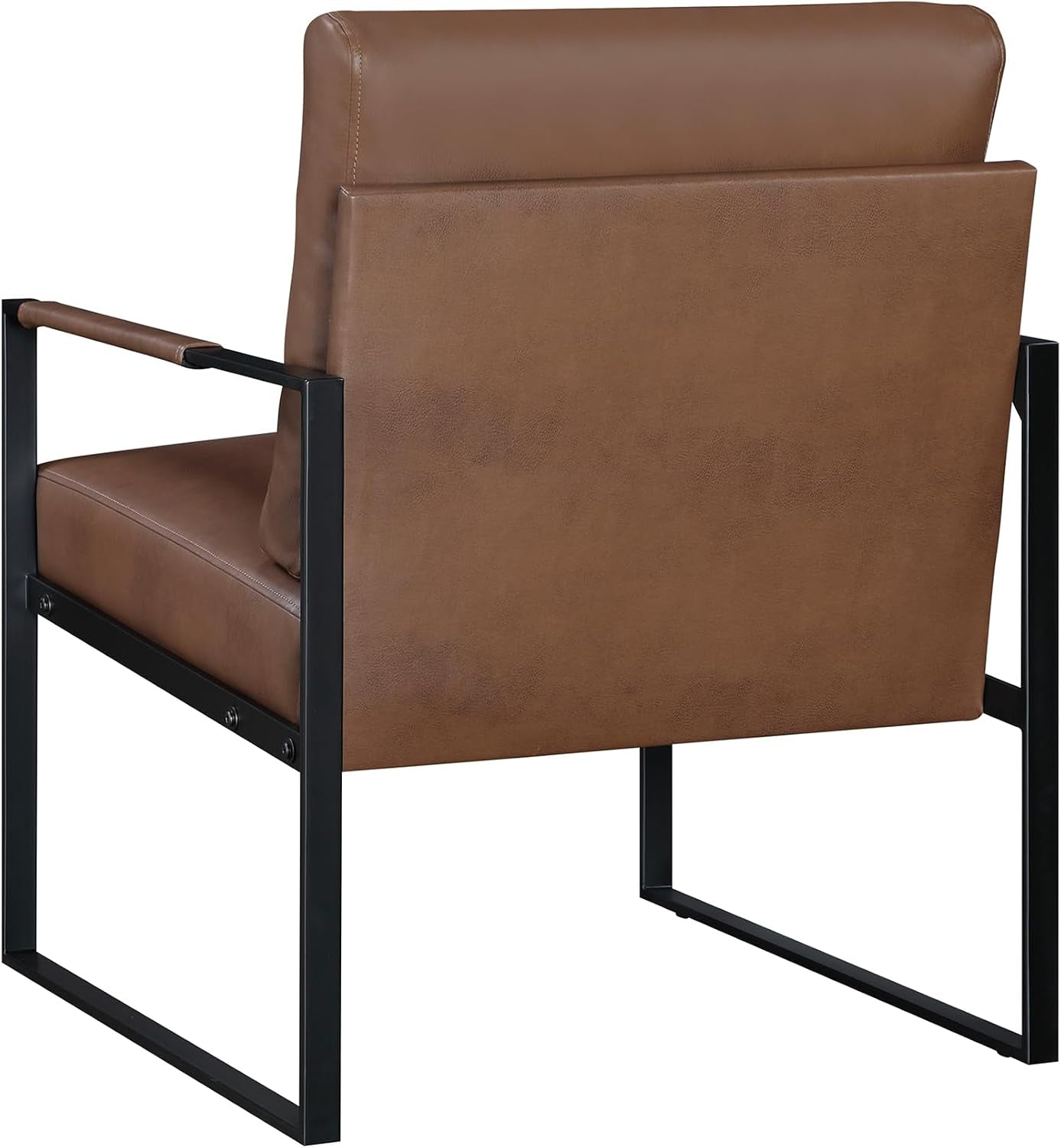 Rear view of a brown faux-leather armchair with black metal frame and rectangular sled legs.
