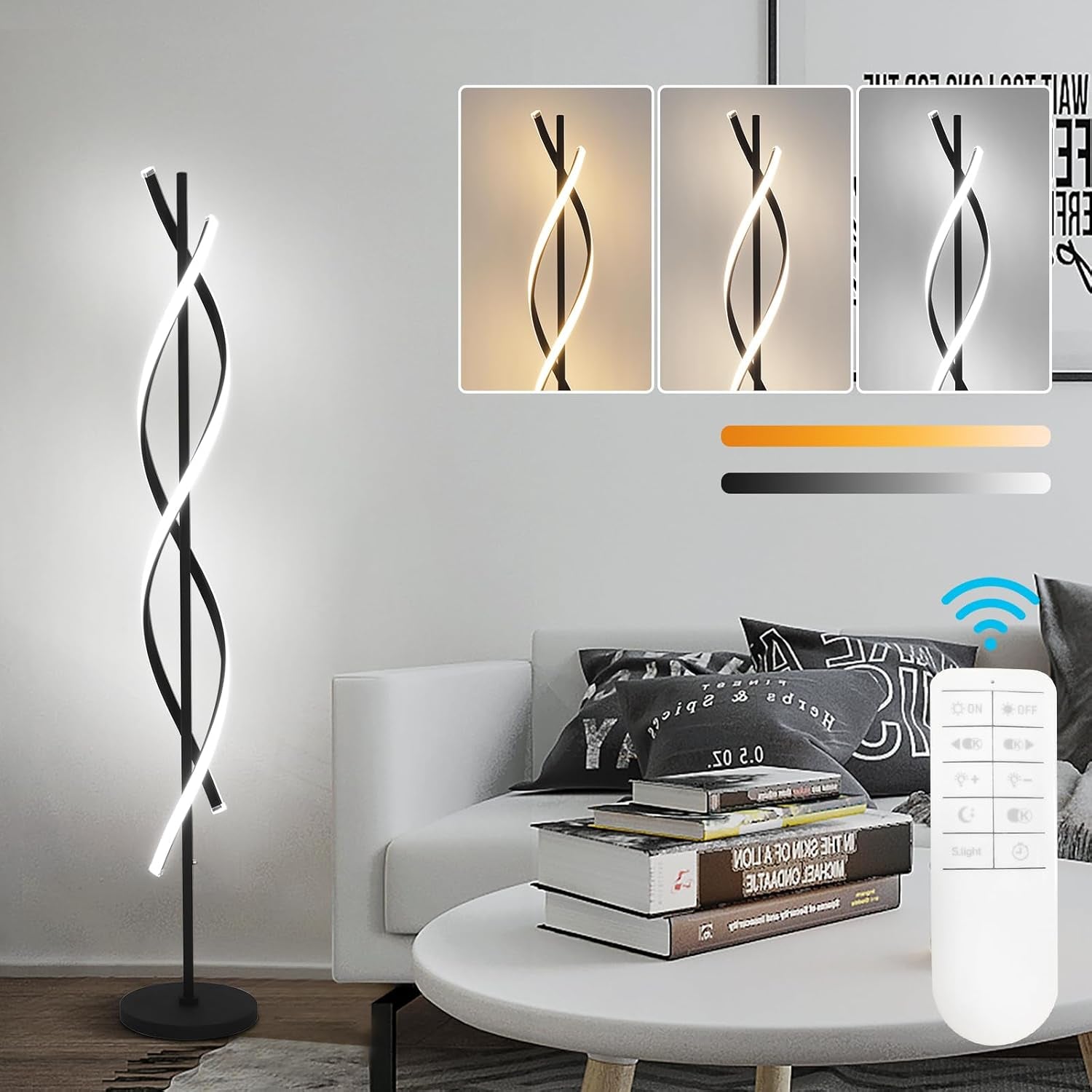 Black spiral LED floor lamp lit beside a white sofa and round coffee table with books and remote.