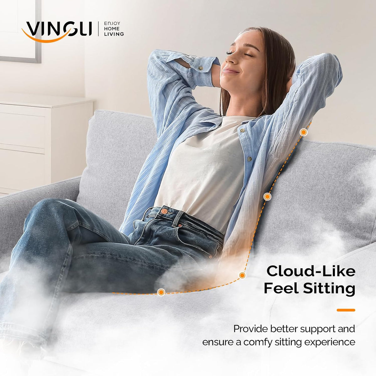 Woman reclining with arms behind head on the loveseat back cushion, relaxed pose with cloud-like overlay.
