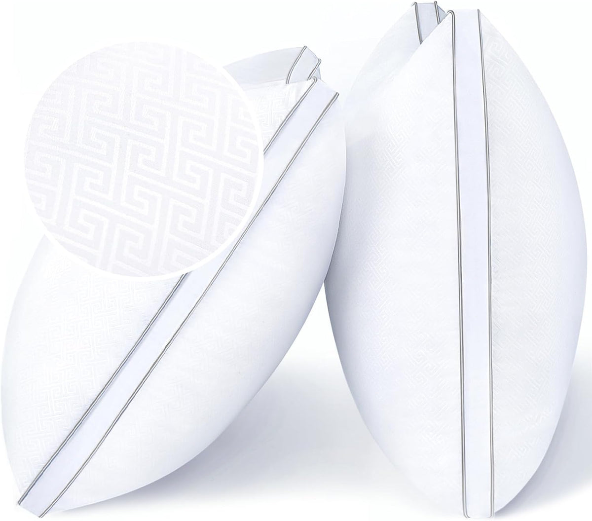 Two upright white pillows with silver piped trim and a circular close-up showing woven geometric fabric texture.