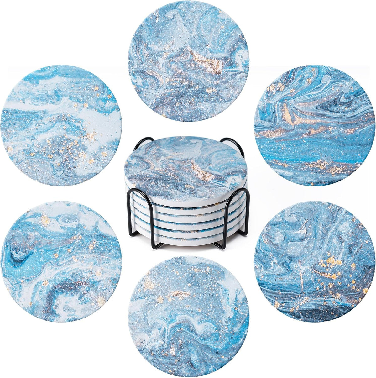 Eight blue marbled round coasters shown around a stacked set in a black wire holder.