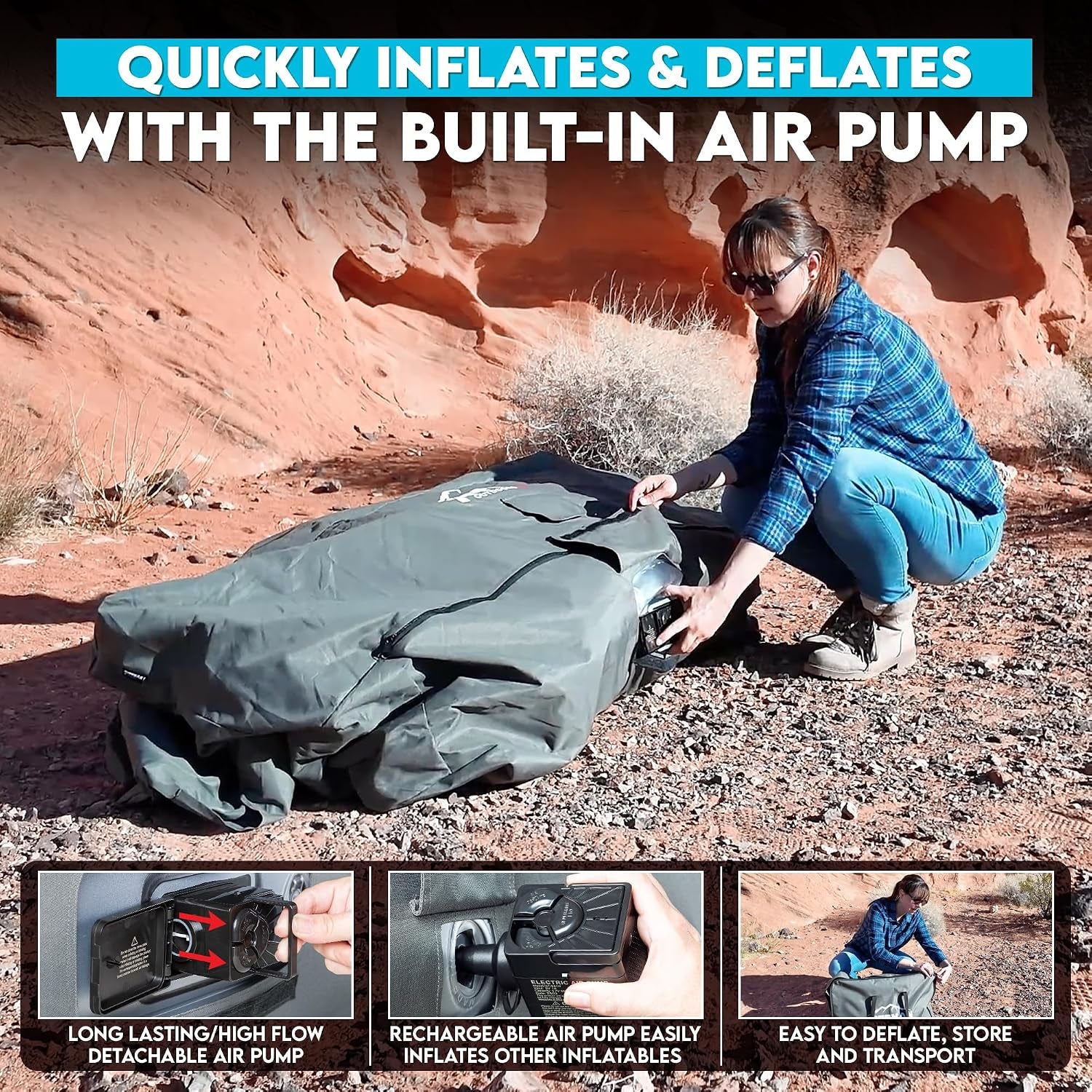 Close-up of the built-in detachable air pump being removed from its compartment while the deflated cover lies on the ground