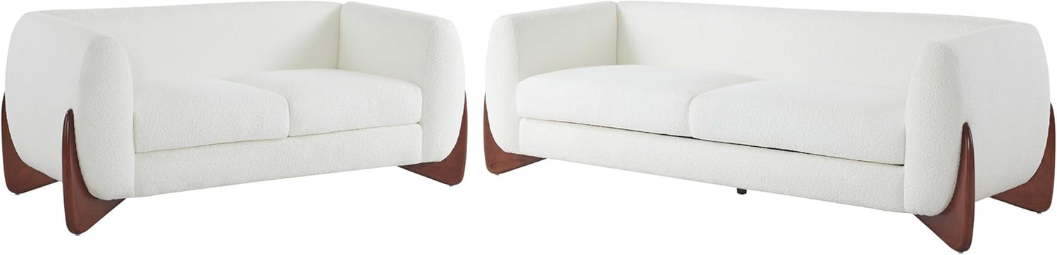 Isolated front view of the white bouclé three-seat sofa and loveseat pair on a plain white background highlighting form