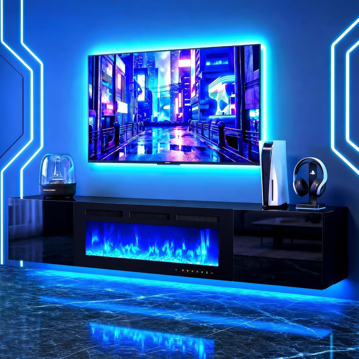 Black floating TV stand with central blue-lit electric fireplace, LED underlighting and a mounted TV above