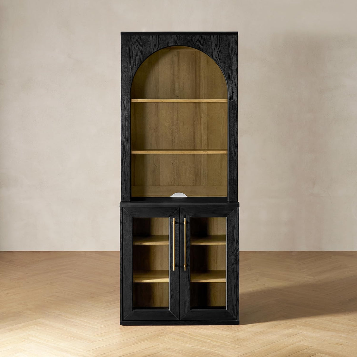 Tall black hutch and cabinet shown front-on on a chevron wood floor with visible semicircular cable cutout on back panel.