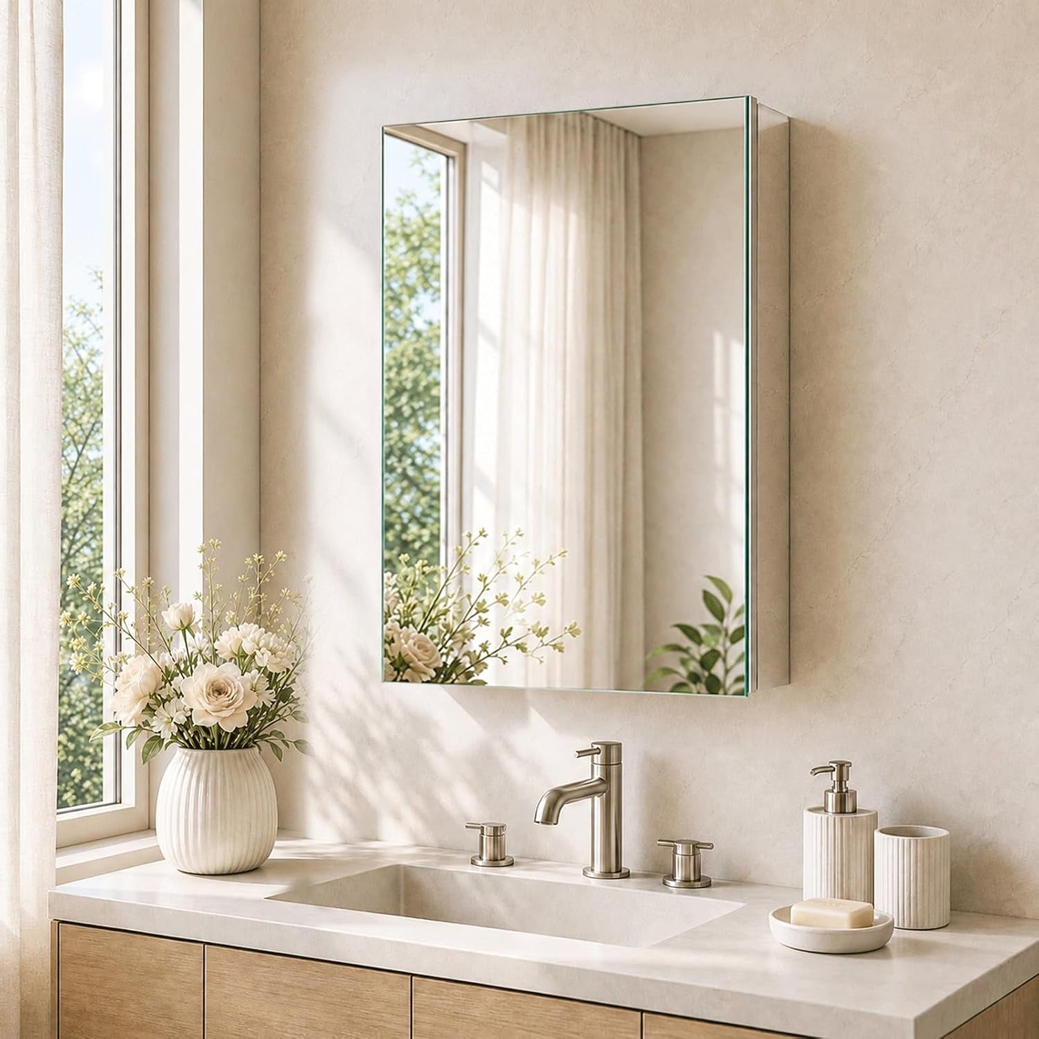 Close frontal view of the mirrored medicine cabinet and stainless faucet with soft sunlight on the wall