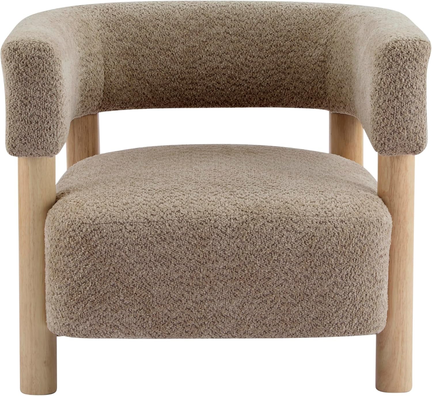 Close-up front view of the chair showing boucle upholstery and rounded wooden legs
