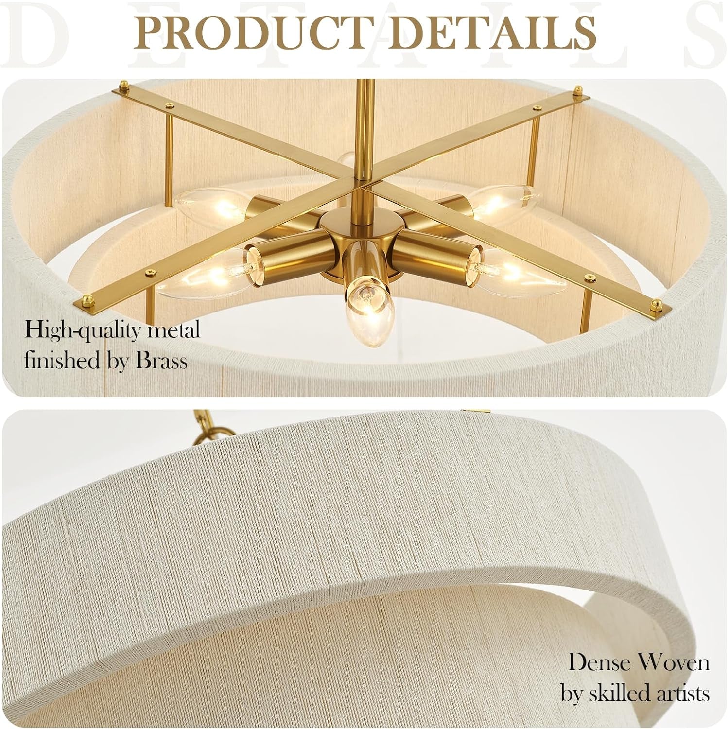 Close-up of the chandelier's brass metal hub and two-tier woven fabric drum shades.