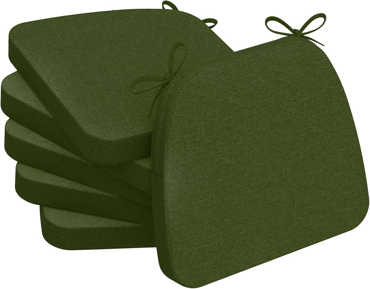 Four dark green D-shaped chair cushions stacked, front cushion tilted forward to show ties